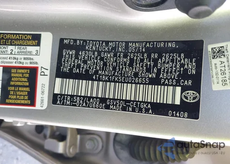 2014 Toyota Camry Xle V6 из США, поврежденный, VIN 4T1BK1FK5EU026655